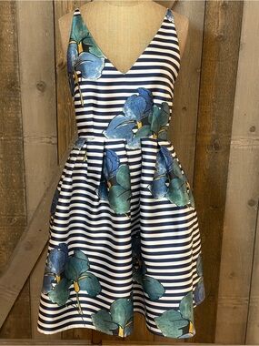 Floral Stripe Fit & Flare Skater Dress Open Back Wedding Guest Garden Party